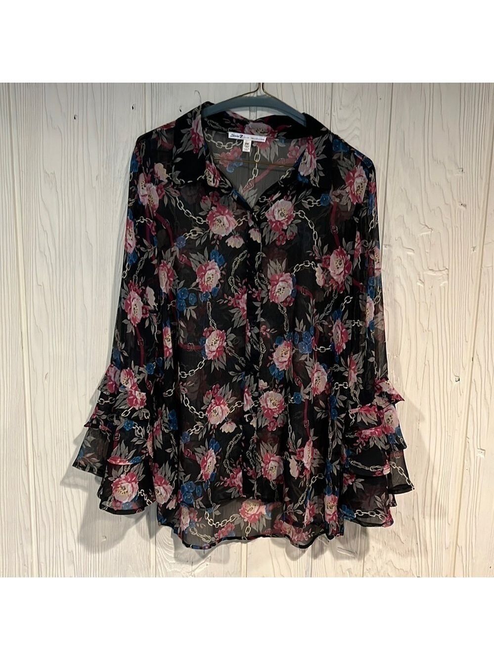 Seven 7 Floral Sheer Long Sleeve Blouse Medium
